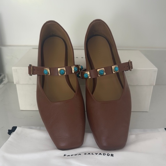 Freda Salvador Shoes - Freda Salvador Brown Leather Mary Jane Flats with Turquoise Accent